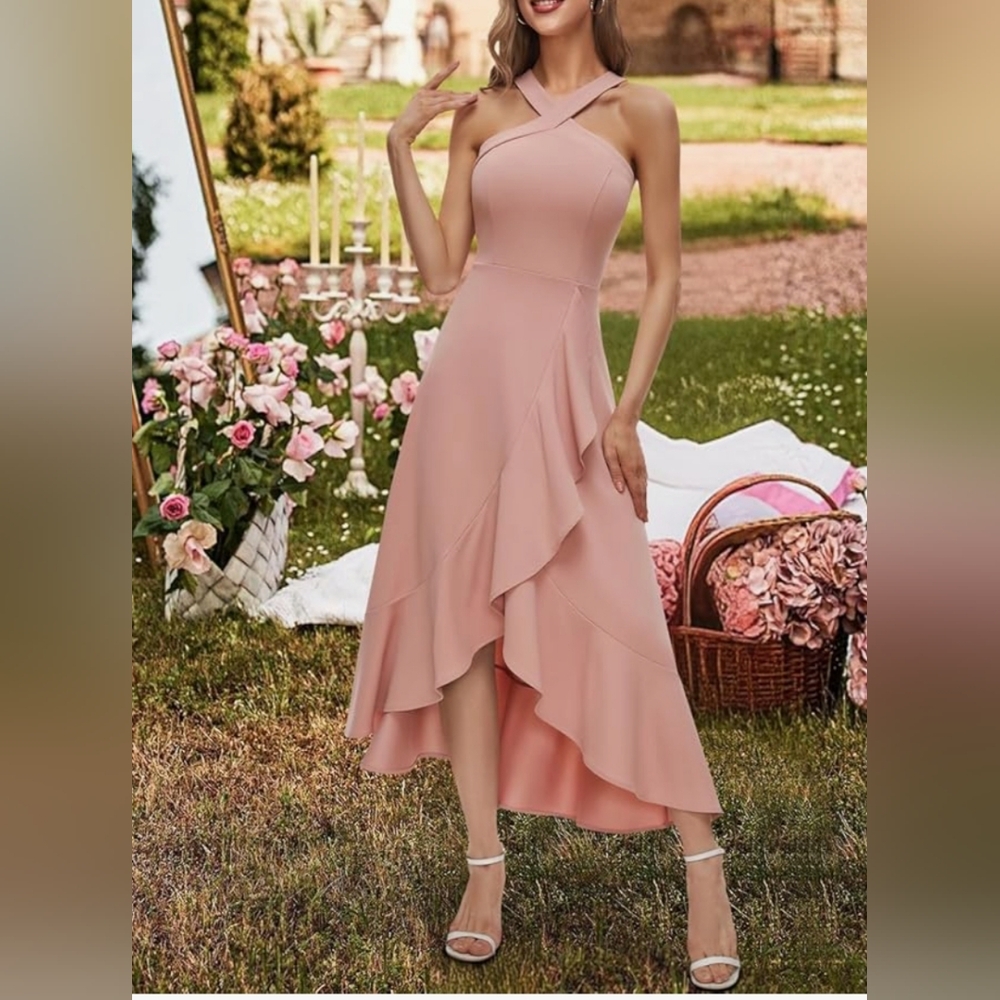 Bbonlinedress NWT Formal Blush Pink Dress Cross Halter, Ruffled Hem, Size L